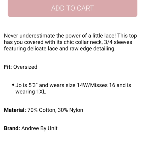 NWOT Boutique Lilac lace sleeve button front shirt, size Large (oversized) - Picture 7 of 7